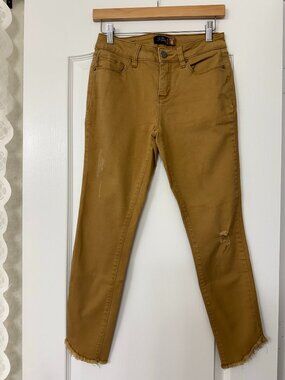 Royalty for Me • Mustard Tan Mid Rise Distressed Skinny Jeans Frayed Hem Size 6
